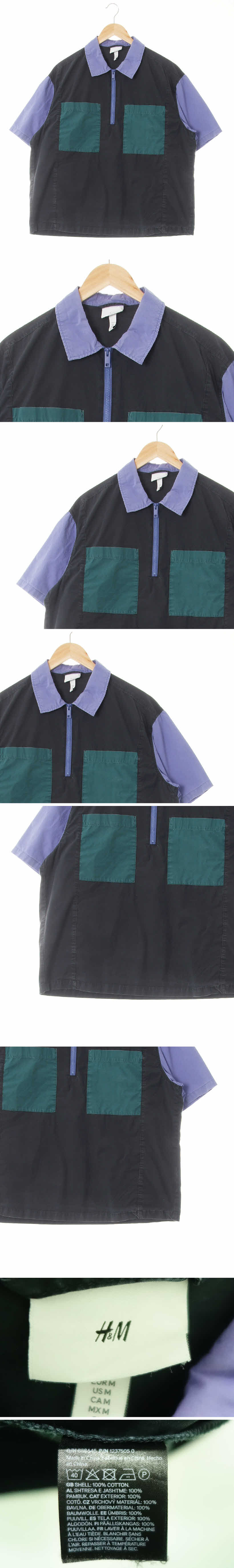 h&m 블랙그린라일락 면 삼색반집업반팔셔츠