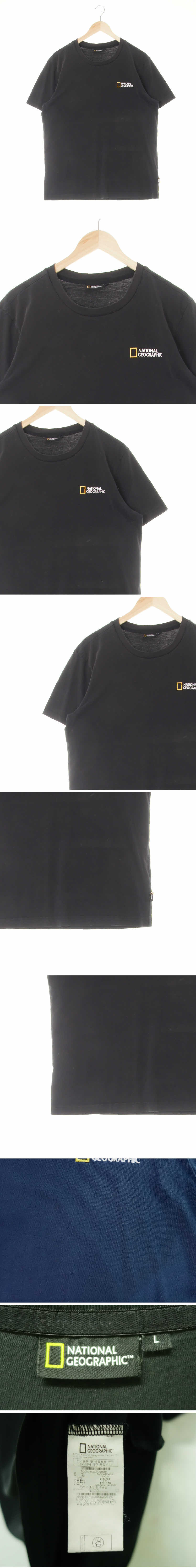 내셔널지오그래픽 블랙 면혼방 자수로고워싱반팔티