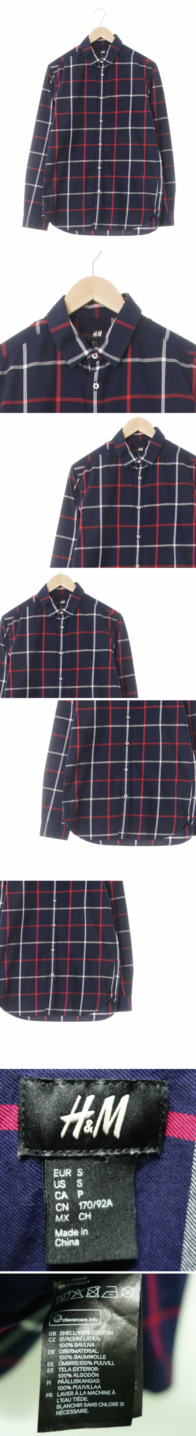 h&m 긴팔셔츠 h&m 다크네이비크림슨레드 체크 면 긴팔셔츠
