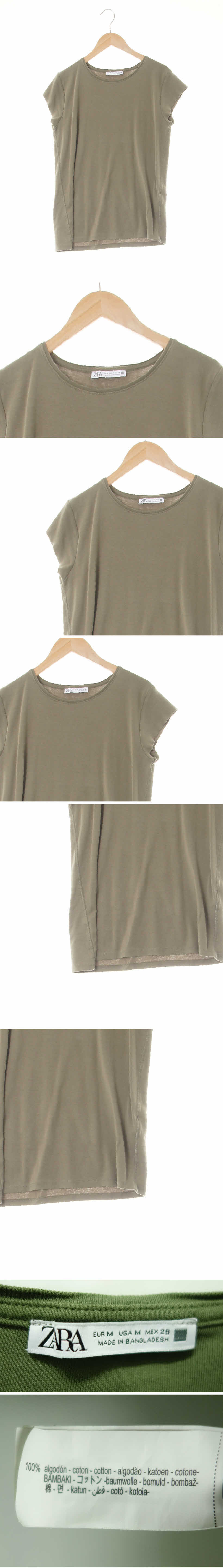 자라 소매컷팅반팔티 자라 올리브그린 면 소매컷팅반팔티