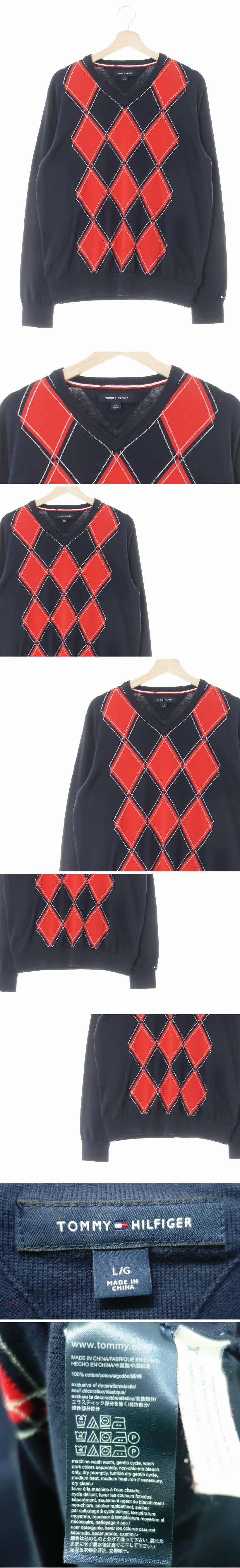 타미힐피거 딥네이비라이트레드 아비가일 면 브이넥긴팔니트티
