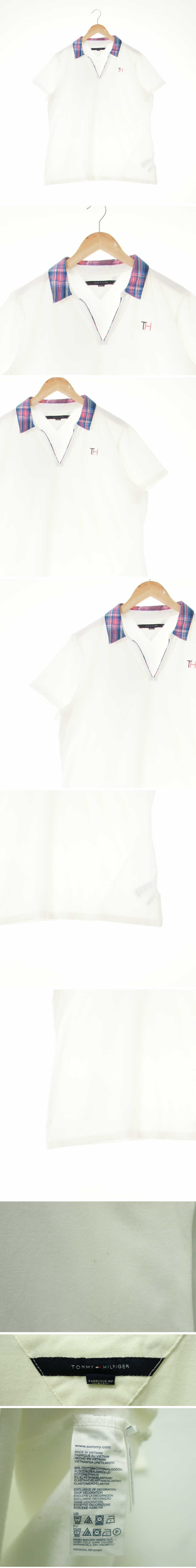 타미힐피거 슬릿넥체크배색반팔카라티 타미힐피거 화이트 면혼방 슬릿넥체크배색반팔카라티