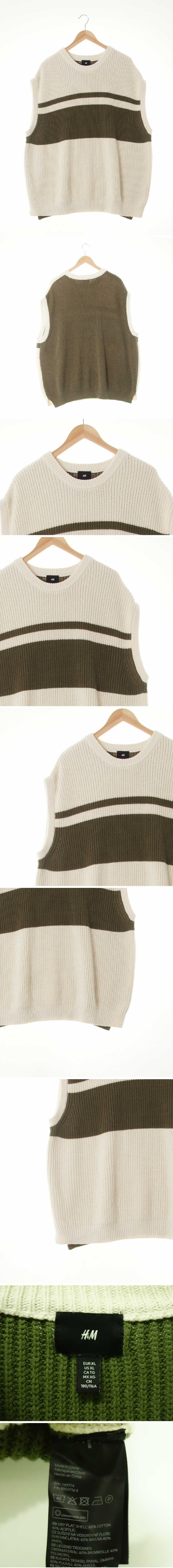 h&m 루즈니트베스트 h&m 아이보리카키 스트라이프 면혼방 루즈니트베스트