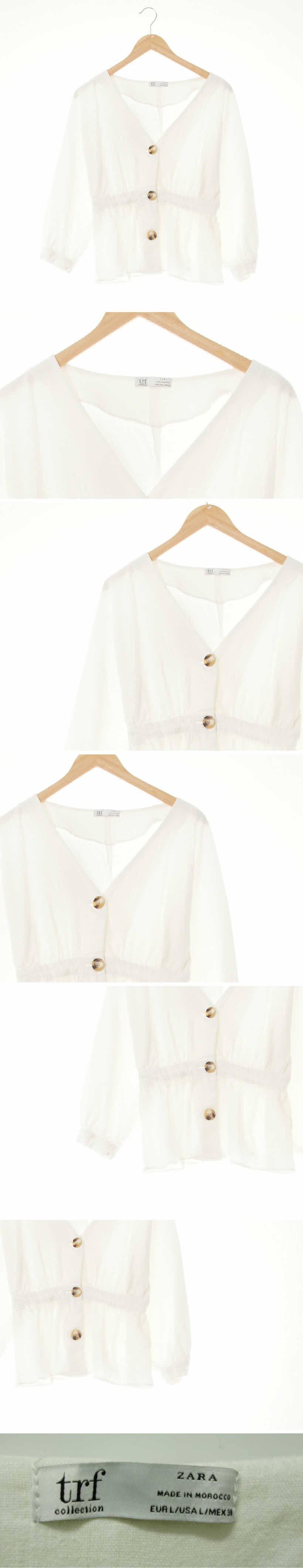자라 쓰리버튼브이넥7부블라우스 자라 화이트 린넨혼방 쓰리버튼브이넥7부블라우스