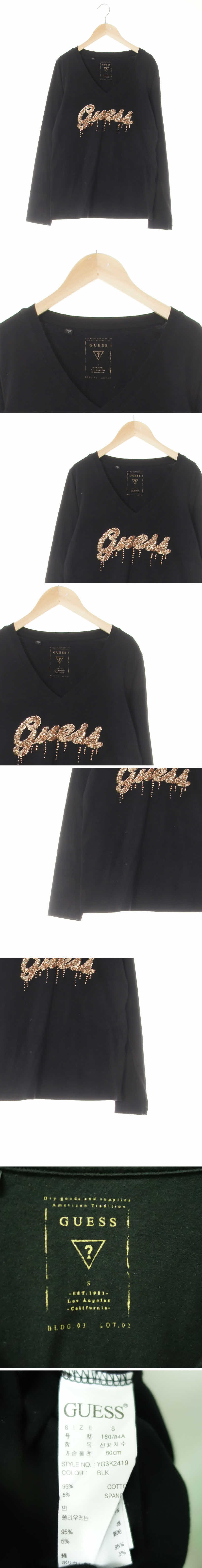 Guess 비즈빅로고브이넥긴팔티 Guess 블랙 면혼방 비즈빅로고브이넥긴팔티