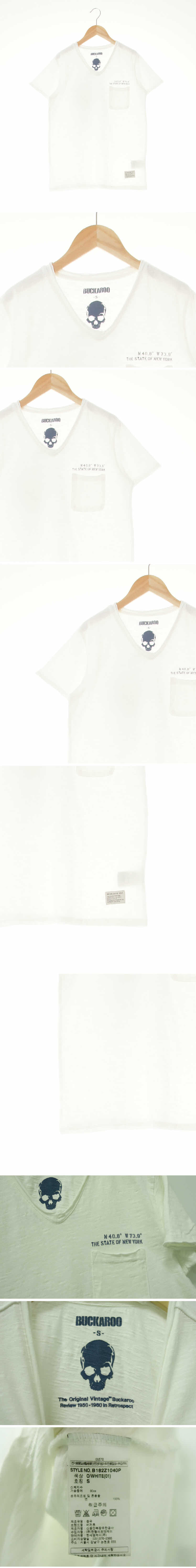 버커루 레터링포켓크롭브이넥슬라브반팔티 버커루 화이트 프린팅 면 레터링포켓크롭브이넥슬라브반팔티
