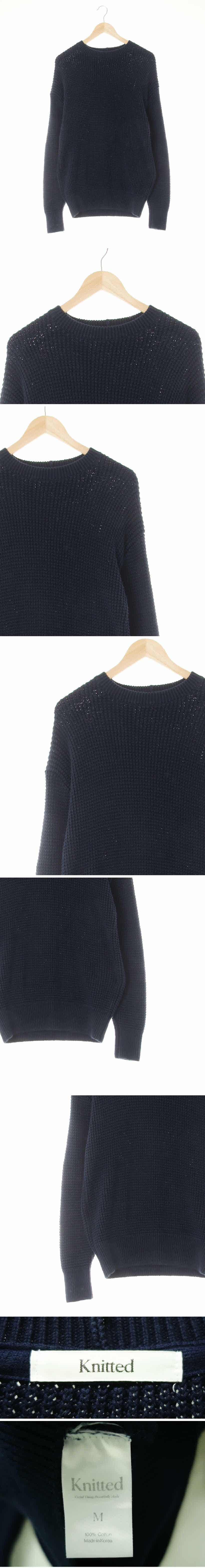 knitted 네이비 면 와플루즈스웨터
