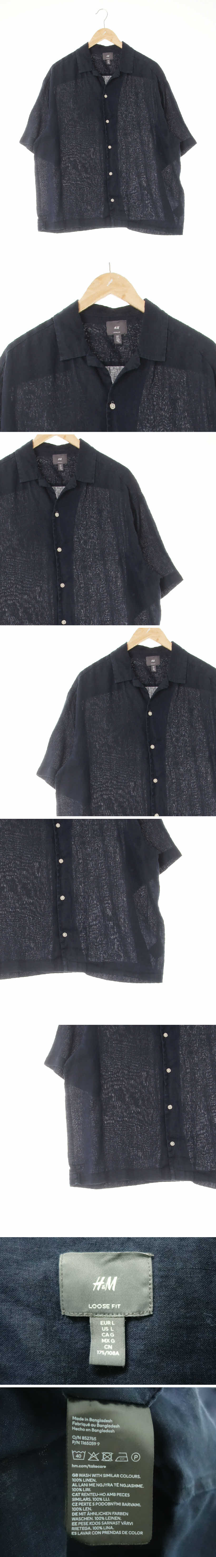 h&m 워싱슬릿카라반팔셔츠 h&m 다크네이비 린넨 워싱슬릿카라반팔셔츠