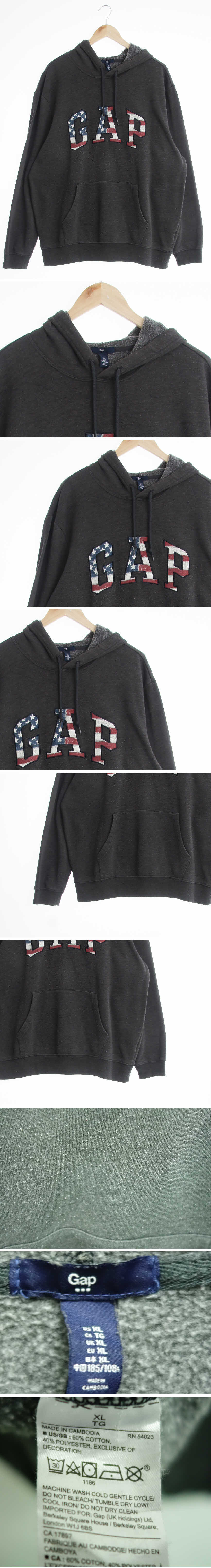 gap 다크차콜그레이 면혼방 성조기센터빅로고후드티