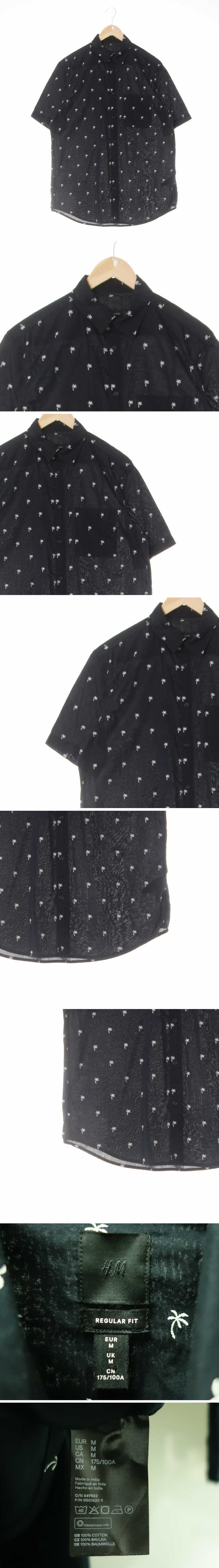 h&m 블랙 야자수패턴 면 아웃포켓반소매셔츠