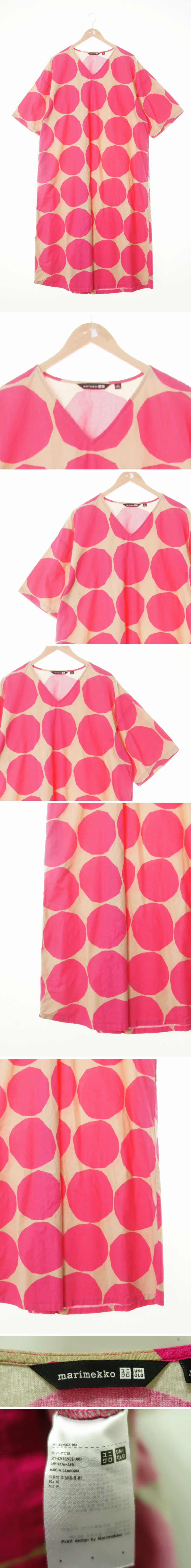 유니클로marimeKKO 다크샌드베이지핫핑크 오버도트 린넨혼방 브이넥반팔롱원피스