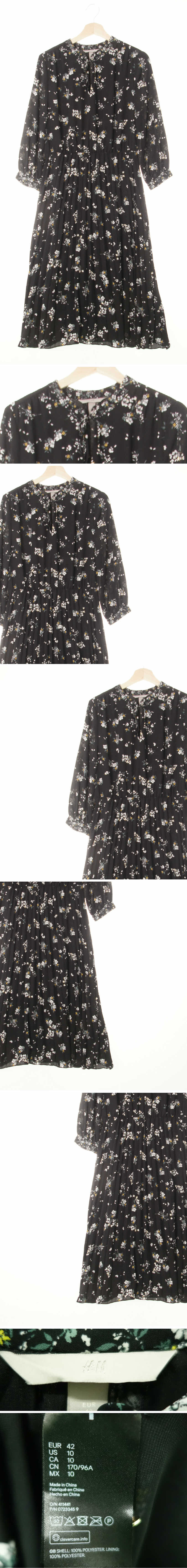 h&m 라운드넥플리츠맥시원피스 h&m 블랙 꽃다발패턴 라운드넥플리츠맥시원피스