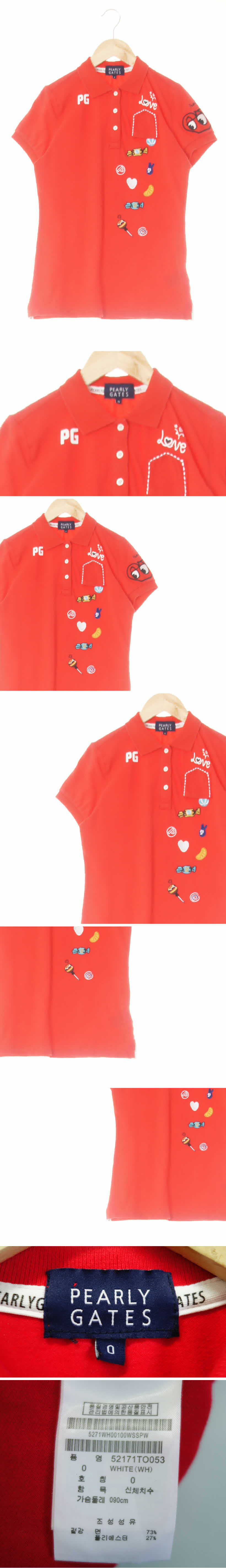 pearlygates 슬림핏캔디카라반팔티 pearlygates 브라이트레드 키치패치패턴 면혼방 슬림핏캔디카라반팔티