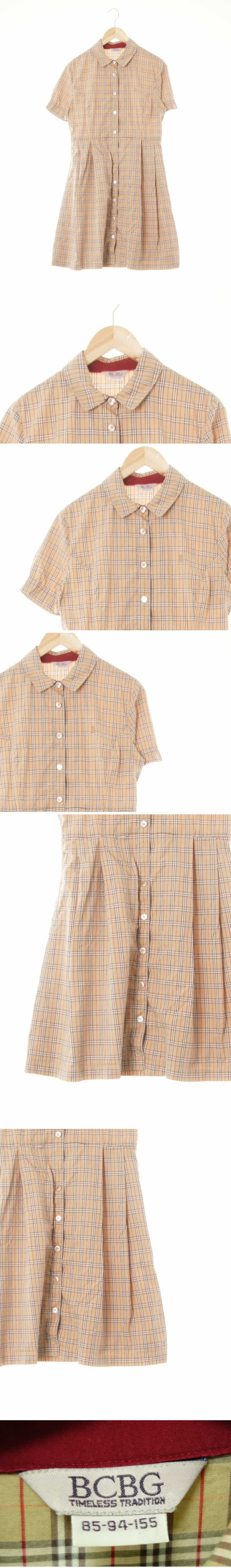 bcbg 주름반팔셔츠원피스 bcbg 다크베이지 체크 면혼방 주름반팔셔츠원피스