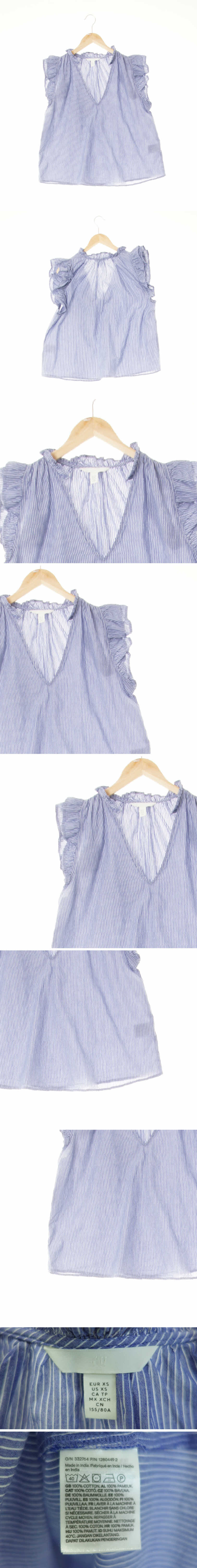 h&m 러플캡소매브이넥블라우스 h&m 블루 스트라이프 면 러플캡소매브이넥블라우스