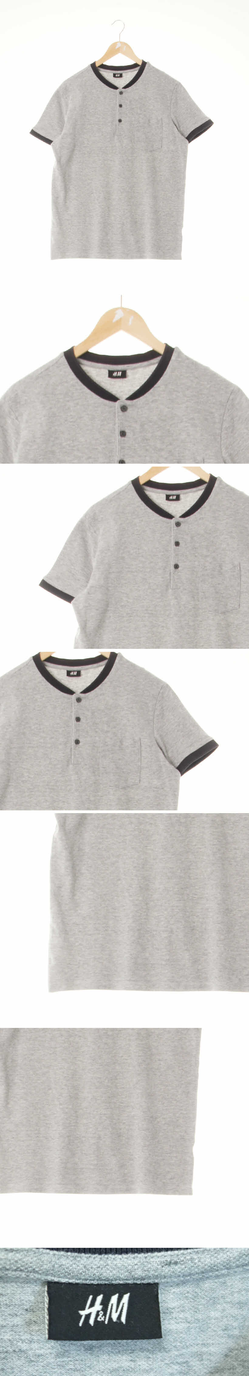 h&m 헨리넥배색리브반팔티 h&m 멜란지그레이 면혼방 헨리넥배색리브반팔티