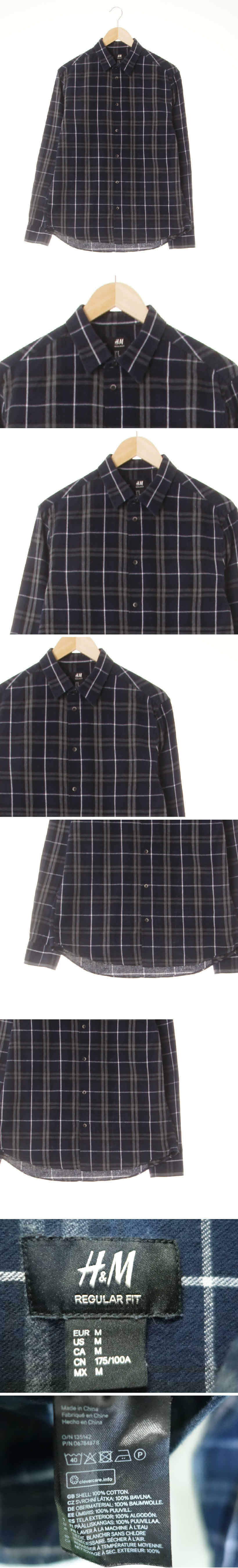 h&m 긴팔베이직셔츠 h&m 미드나잇네이비라이트그레이 체크 플란넬 긴팔베이직셔츠