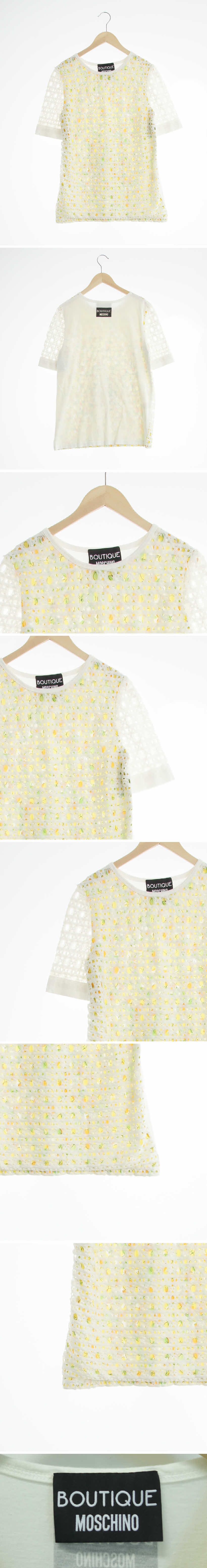 boutique moschino 열매크로쉐반팔블라우스 boutique moschino 아이보리 프린팅 면혼방 열매크로쉐반팔블라우스