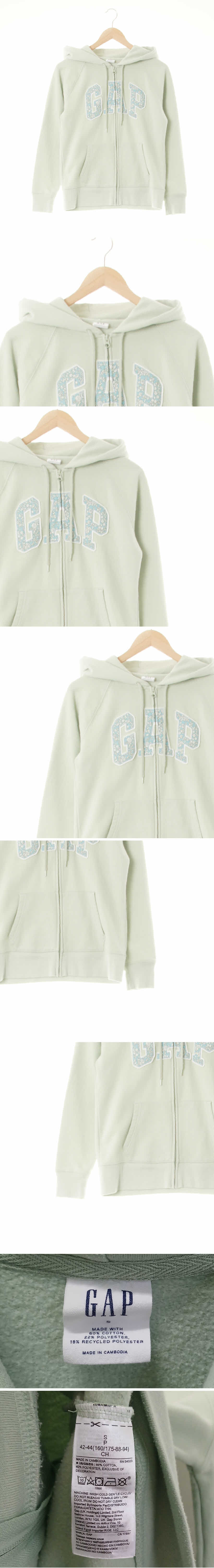 gap 플로럴패치나그랑후드집업 gap 라이트파스텔그린 면혼방 플로럴패치나그랑후드집업