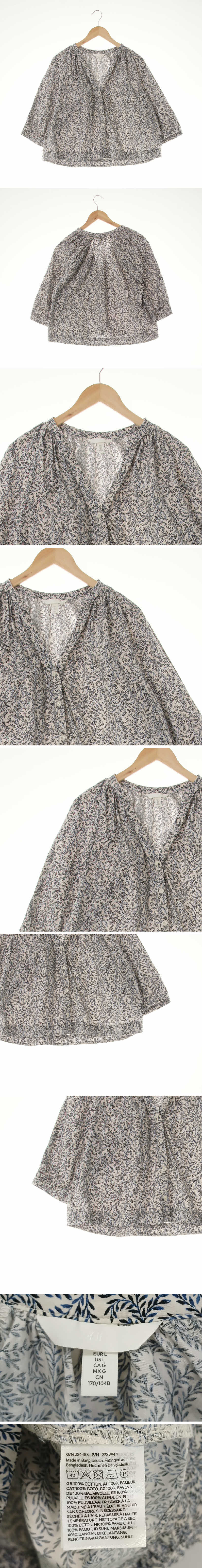 h&m 슬릿넥레글런퍼프블라우스 h&m 아이보리블루 나뭇잎패턴 면 슬릿넥레글런퍼프블라우스