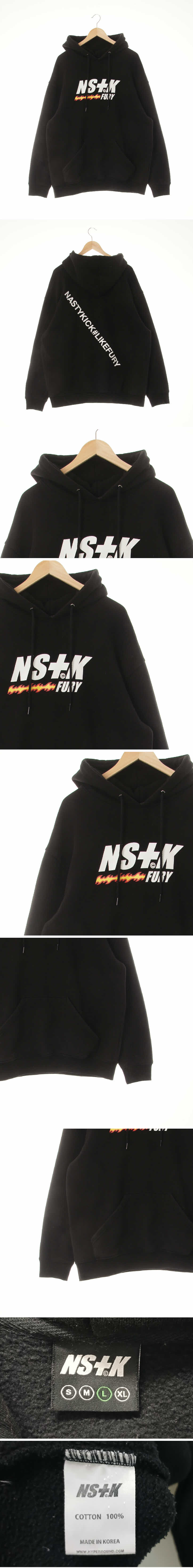 NS+K 볼드레터링드롭숄더후드티 NS+K 블랙 프린팅 면 볼드레터링드롭숄더후드티