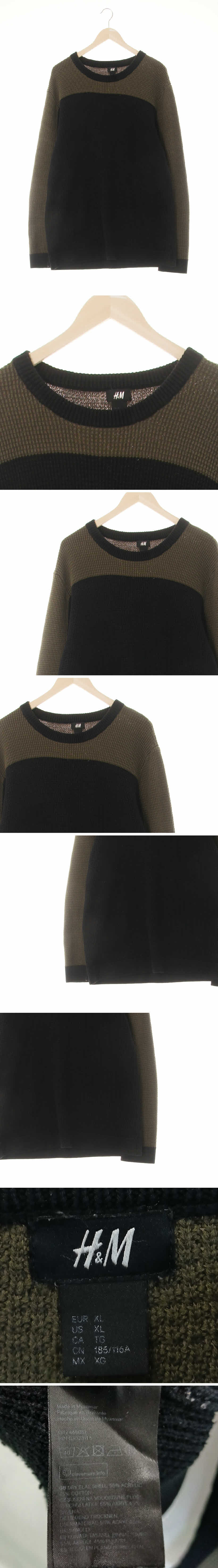 h&m 컬러블럭와플짜임니트 h&m 올리브라이트그린블랙 면혼방 컬러블럭와플짜임니트