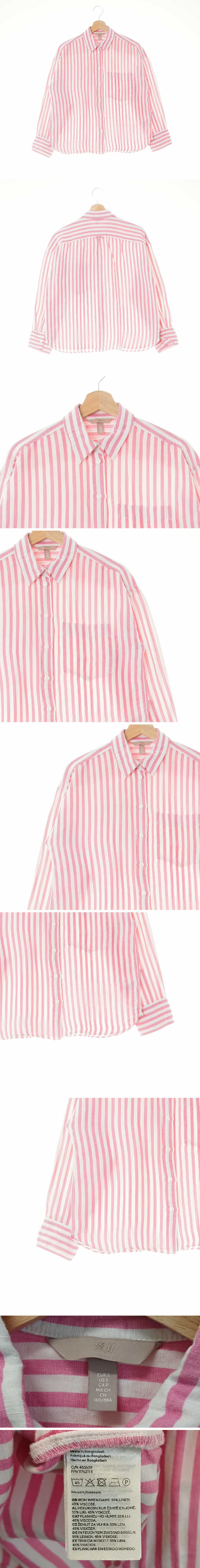 h&m 루즈핏오각형포켓셔츠 h&m 핑크화이트 스트라이프 린넨혼방 루즈핏오각형포켓셔츠