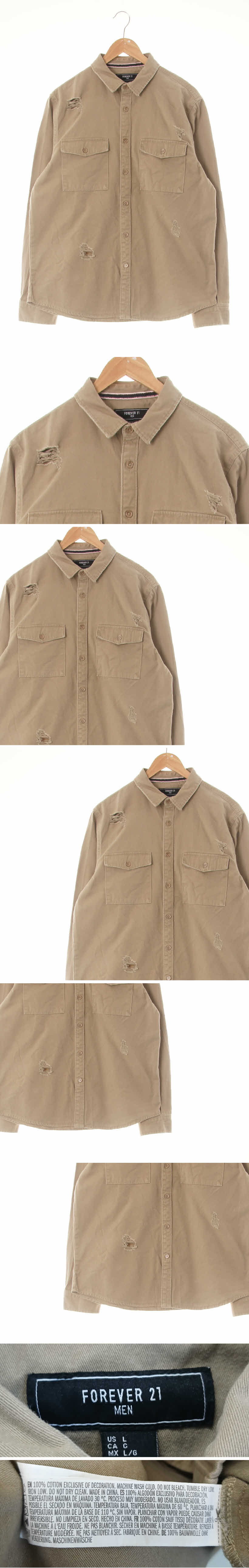 Forever21 더블포켓데미지긴팔셔츠 Forever21 다크샌드베이지 면 더블포켓데미지긴팔셔츠