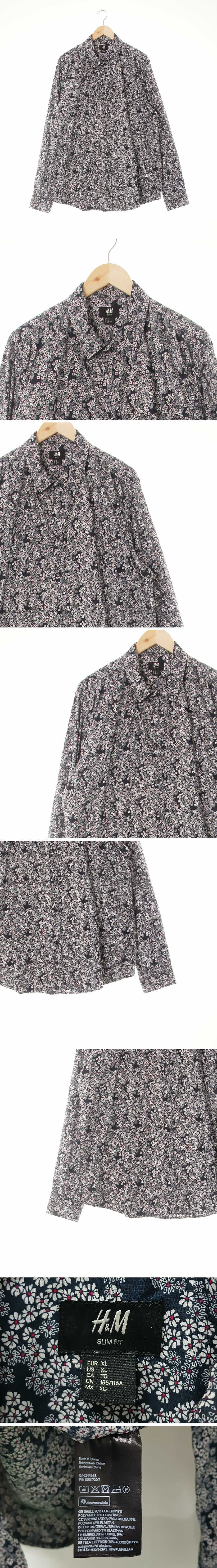 h&m 스트레치긴팔셔츠 h&m 네이비 잔꽃패턴 면혼방 스트레치긴팔셔츠