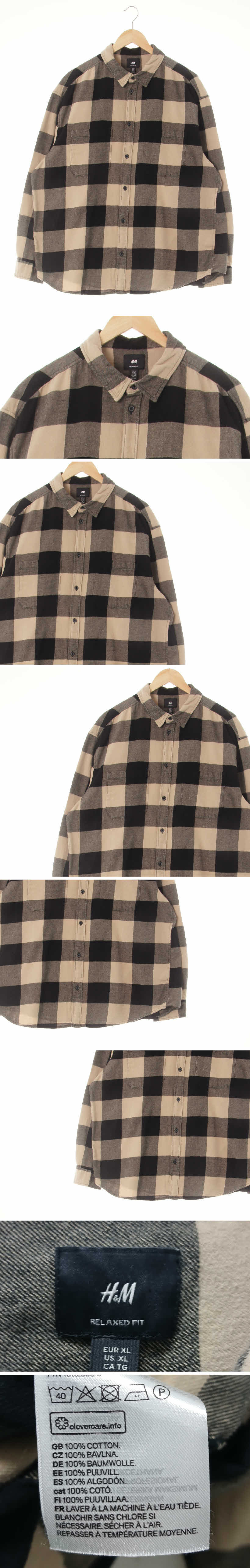 h&m 릴렉시드핏포켓긴팔셔츠 h&m 라이트베이지블랙 깅엄체크 면 릴렉시드핏포켓긴팔셔츠