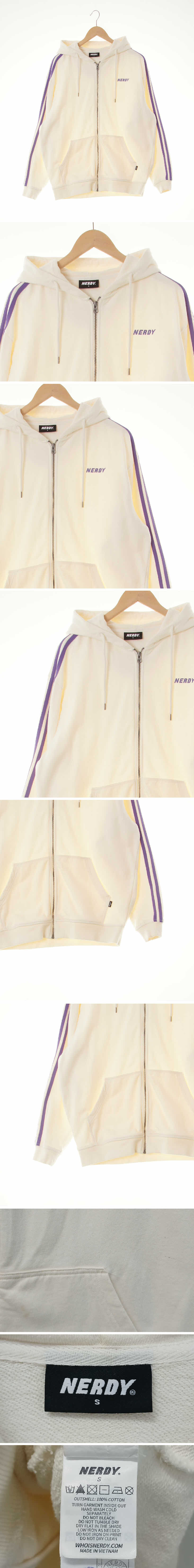 널디 더블라인테이핑후드집업 널디 아이보리 프린팅 면 더블라인테이핑후드집업