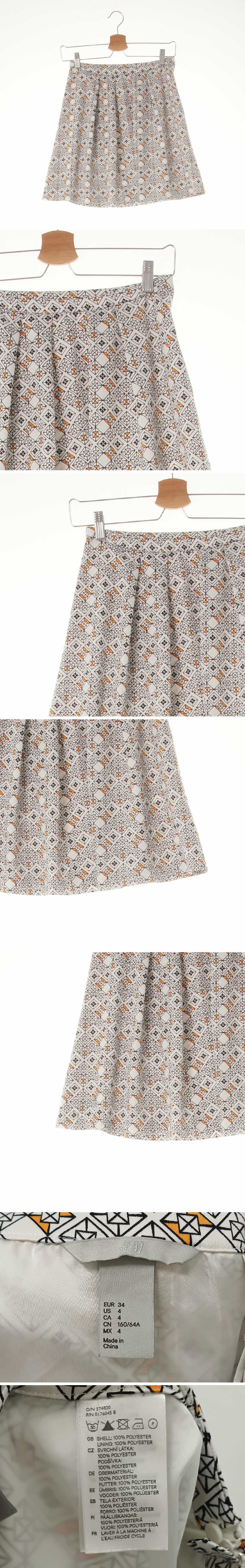 h&m 화이트 다이아세모패턴 배색문양핀턱미니스커트