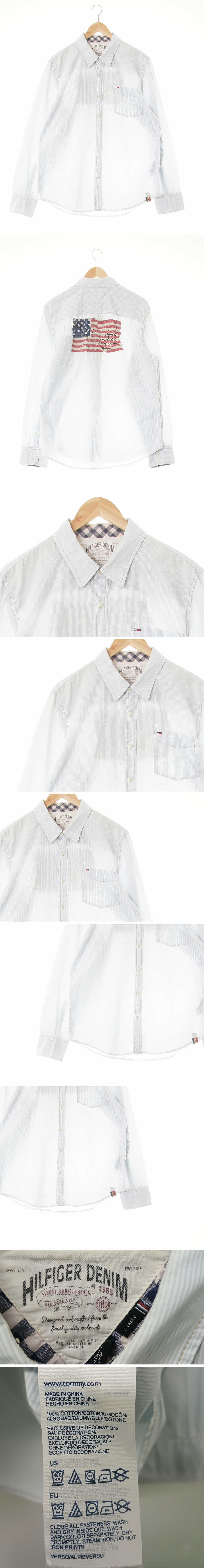 힐피거데님 페일블루화이트 스트라이프 면 포켓스티치셔츠