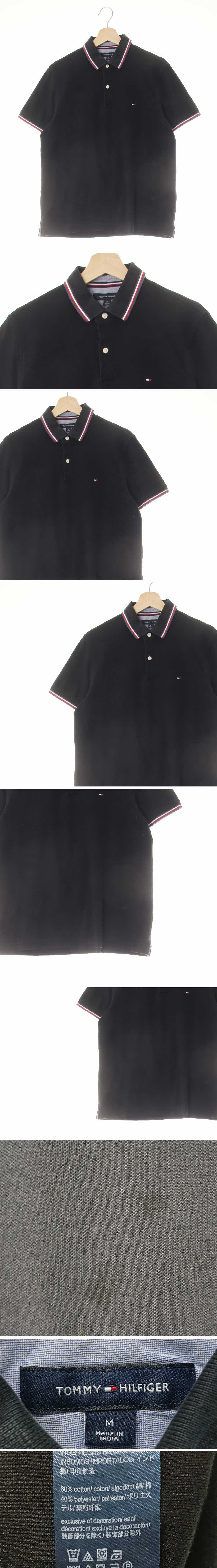 타미힐피거 블랙 면혼방 카라배색반팔티