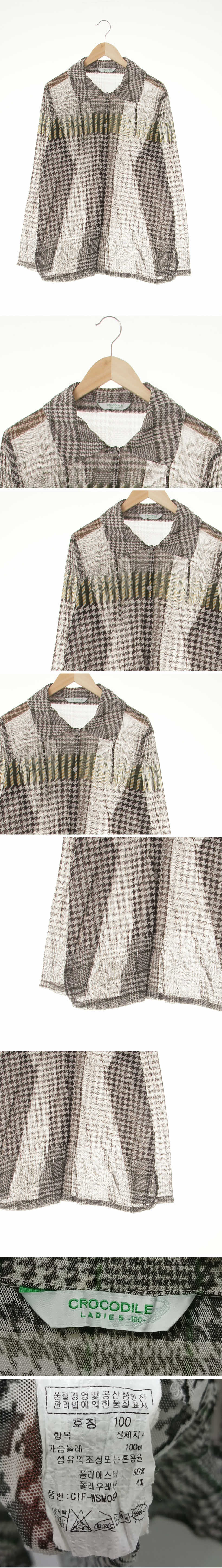 크로커다일 블랙올리브그린 하운드체크 시스루트임블라우스