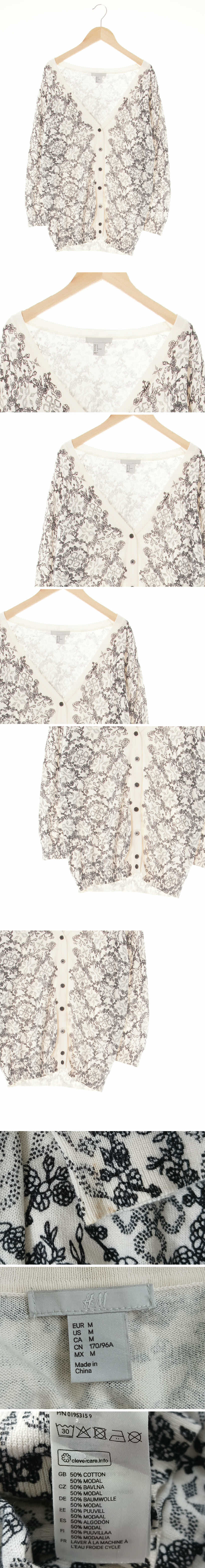 h&m 스노우화이트블랙 플라워패턴 모달혼방 브이넥가디건