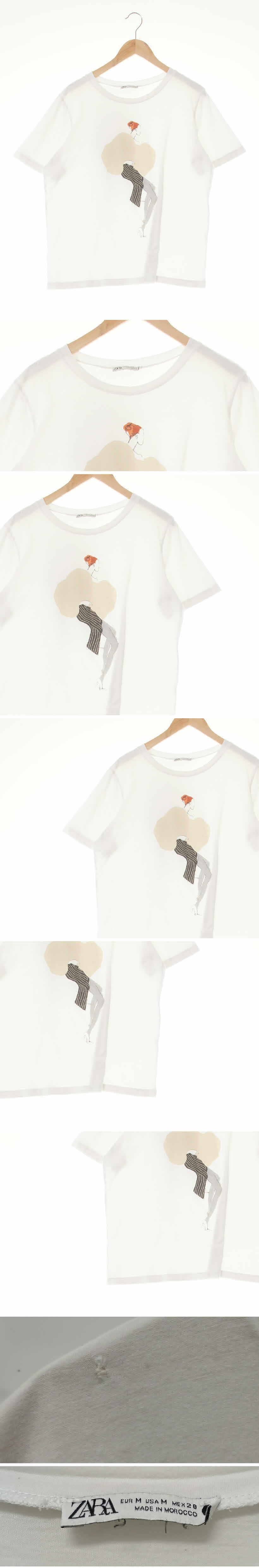 자라 보트넥루즈핏반팔티 자라 화이트 프린팅 면 보트넥루즈핏반팔티