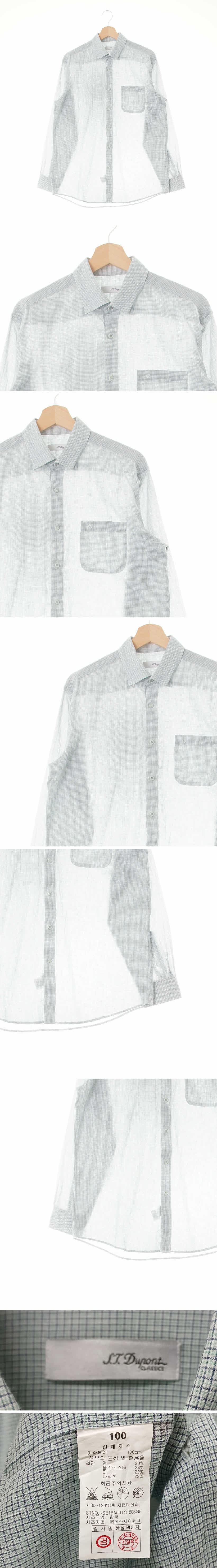 듀퐁 그린네이비 체크 린넨혼방 로고포켓사이드플리츠셔츠