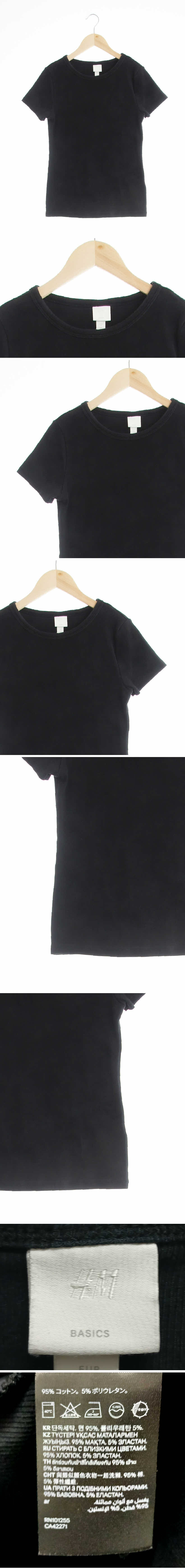 h&m 골지슬림핏라운드반팔티 h&m 블랙 면혼방 골지슬림핏라운드반팔티