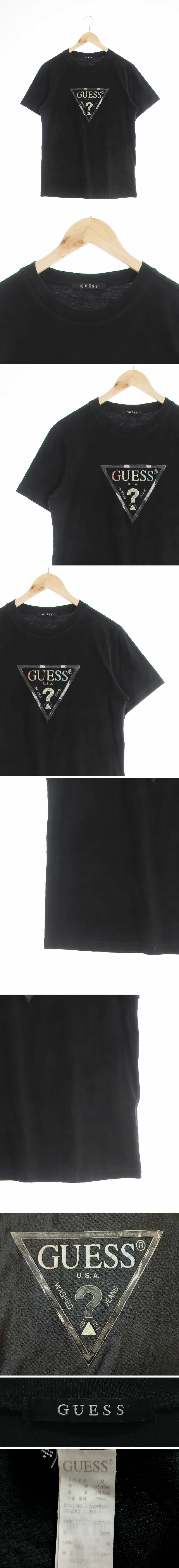 게스 블랙 로고프린팅 면 로고패치라운드반팔티
