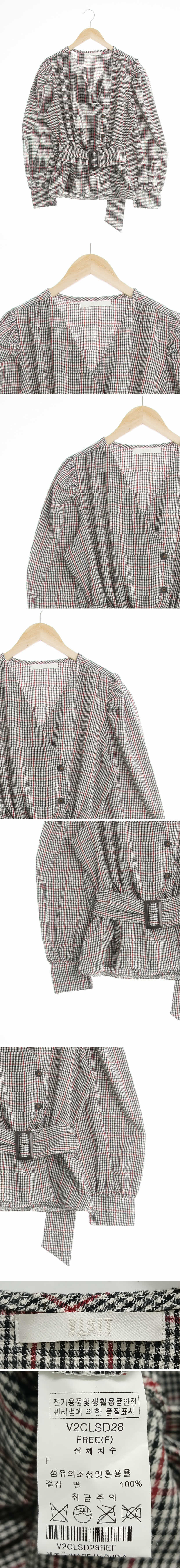 visit 브이넥벨트버튼블라우스 visit 블랙레드 체크 면 브이넥벨트버튼블라우스