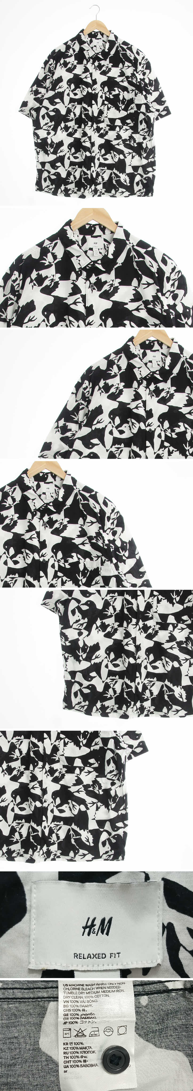 h&m 오버핏반팔셔츠 h&m 블랙 버드패턴 면 오버핏반팔셔츠