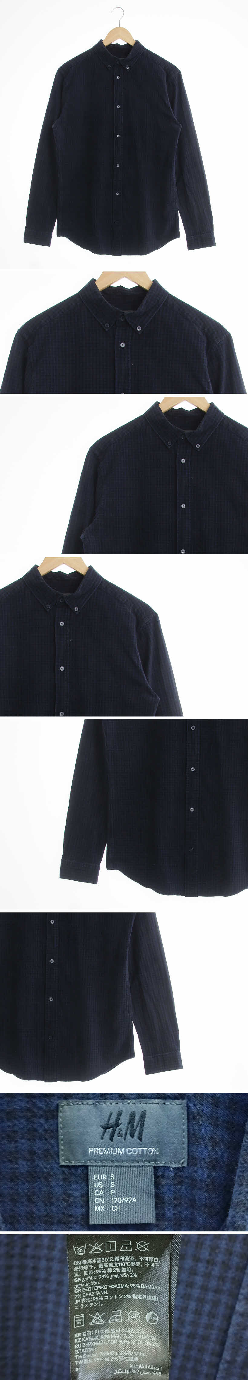 h&m 네이비 체크 면혼방 긴팔셔츠
