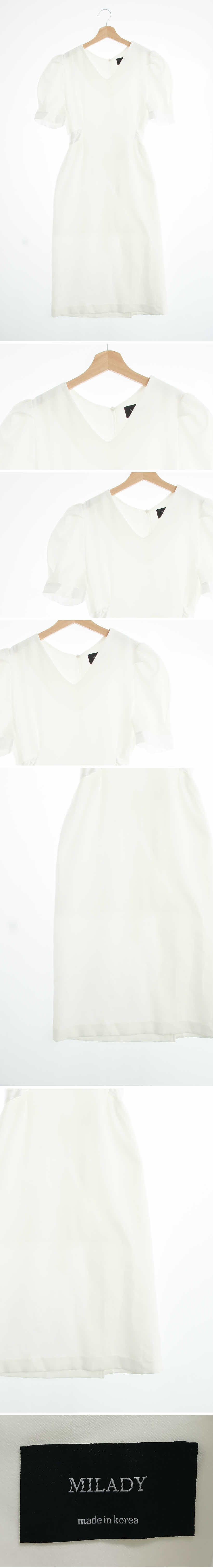 milady 화이트 소매퍼프실키배색브이넥원피스