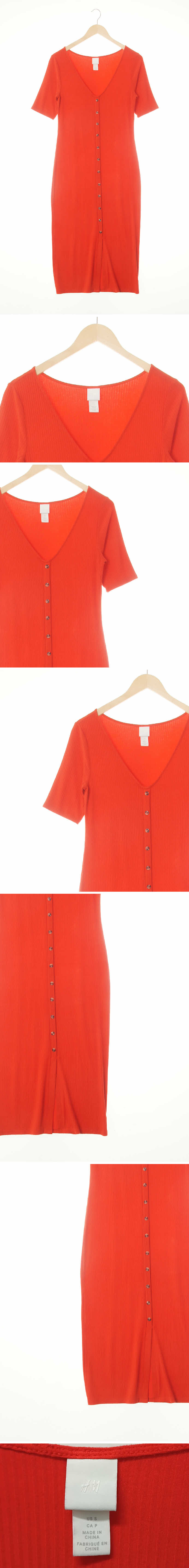h&m 딥브이넥골지반팔원피스 h&m 다홍색 딥브이넥골지반팔원피스