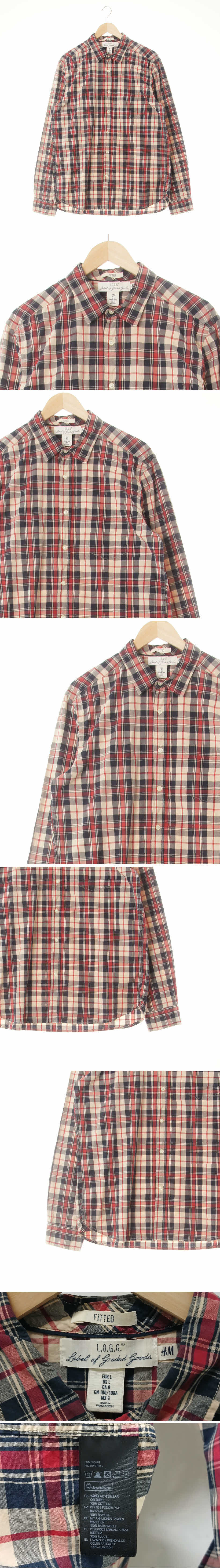 h&m 핏티드긴팔셔츠 h&m 다크레드네이비 체크 면 핏티드긴팔셔츠