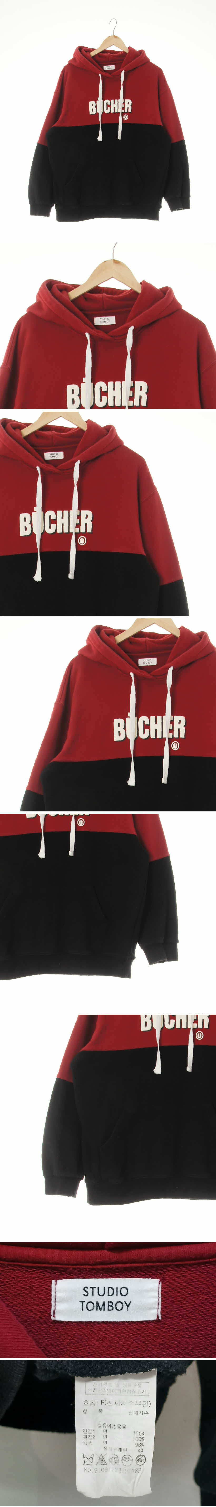 스튜디오톰보이 BUCHER투톤후드티 스튜디오톰보이 버건디블랙 프린팅 면 BUCHER투톤후드티