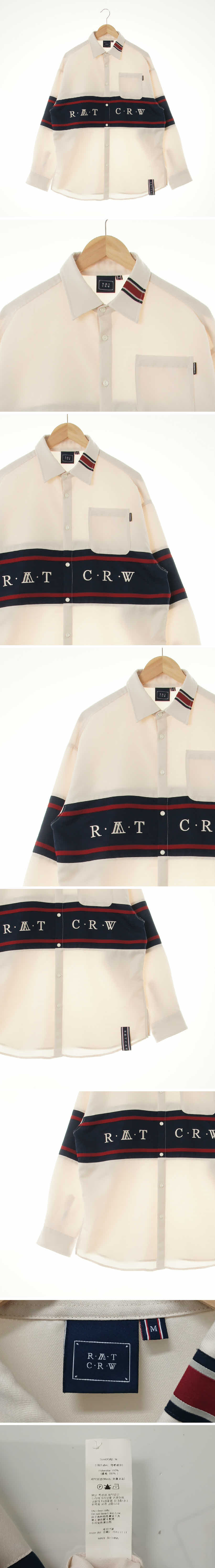 ratcrw 센터절개자수레터링셔츠 ratcrw 아이보리네이비 스트라이프 센터절개자수레터링셔츠