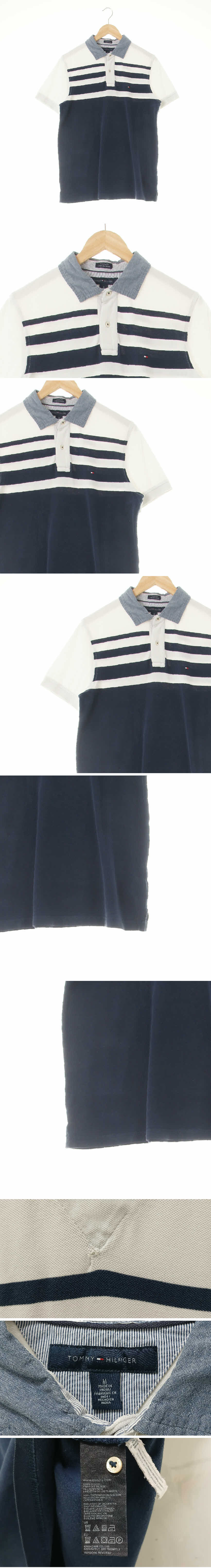 타미힐피거 네이비 스트라이프 면 데님카라로고반팔피케티