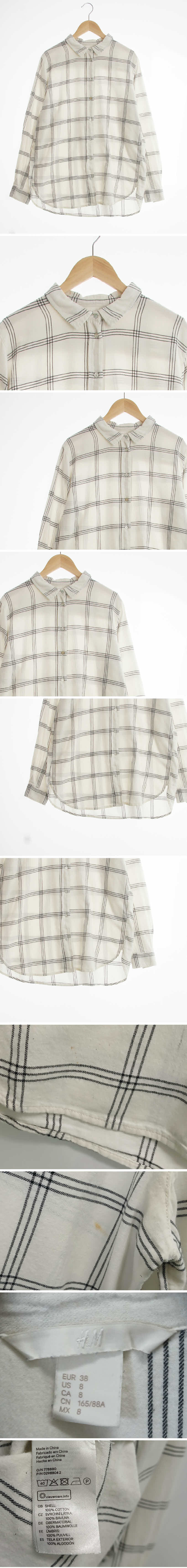 h&m 자개버튼롱셔츠 h&m 아이보리제트블랙 체크 면 자개버튼롱셔츠